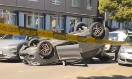 Car overturns in Canary Wharf after parked vehicles smash